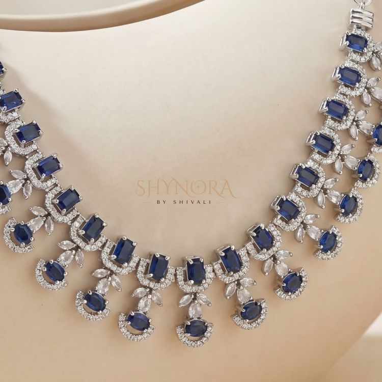 Royal Sapphire Blue Statement Necklace Set with Diamond-Finish Accents