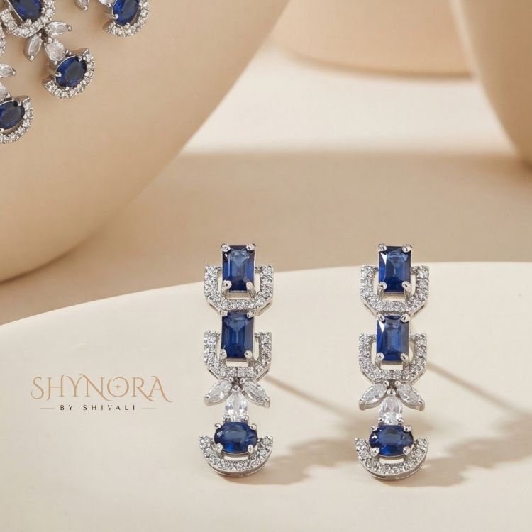 Royal Sapphire Blue Statement Necklace Set with Diamond-Finish Accents