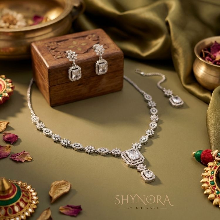 Crystal Aura Elegant Drop Necklace Set with Diamond-Finish Detailing