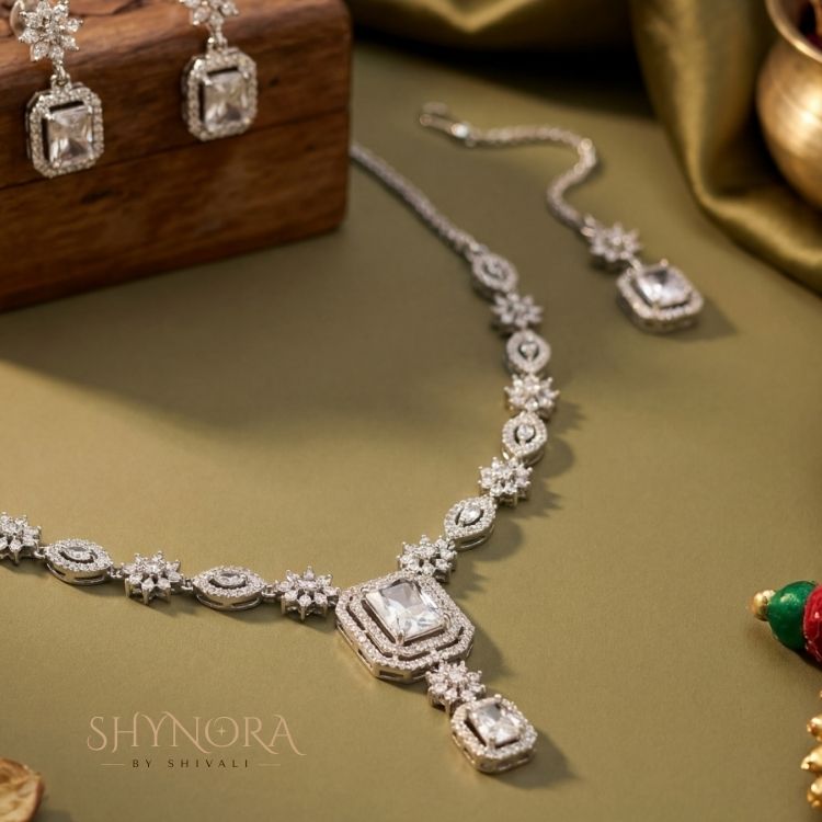 Crystal Aura Elegant Drop Necklace Set with Diamond-Finish Detailing