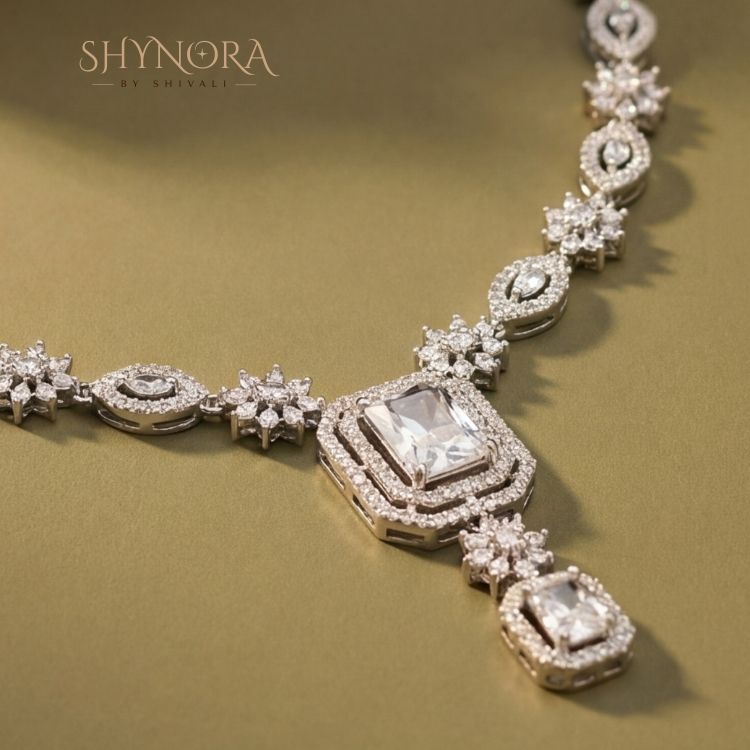 Crystal Aura Elegant Drop Necklace Set with Diamond-Finish Detailing