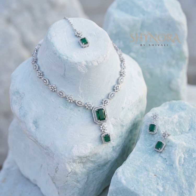 Emerald Grace Crystal Drop Necklace Set with Diamond-Finish Elegance