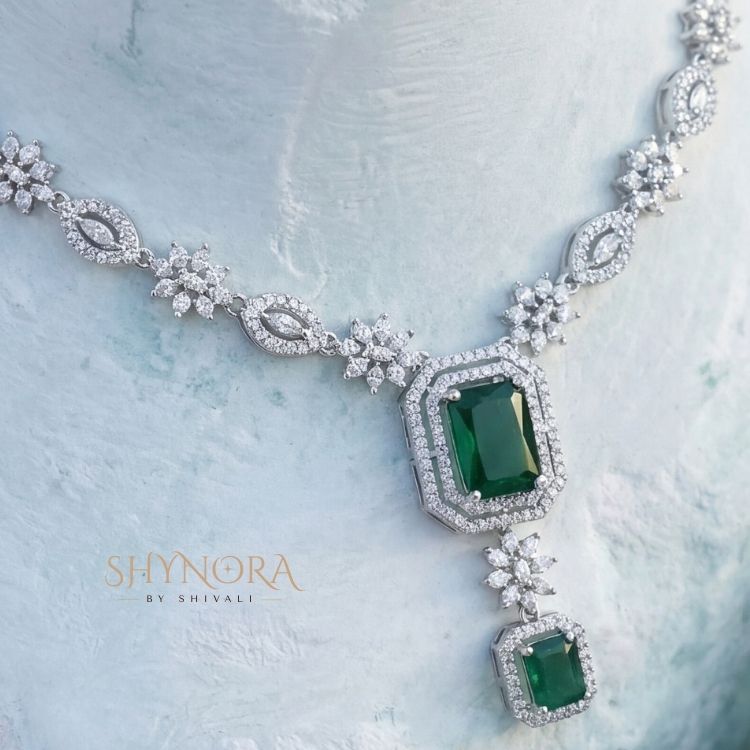Emerald Grace Crystal Drop Necklace Set with Diamond-Finish Elegance