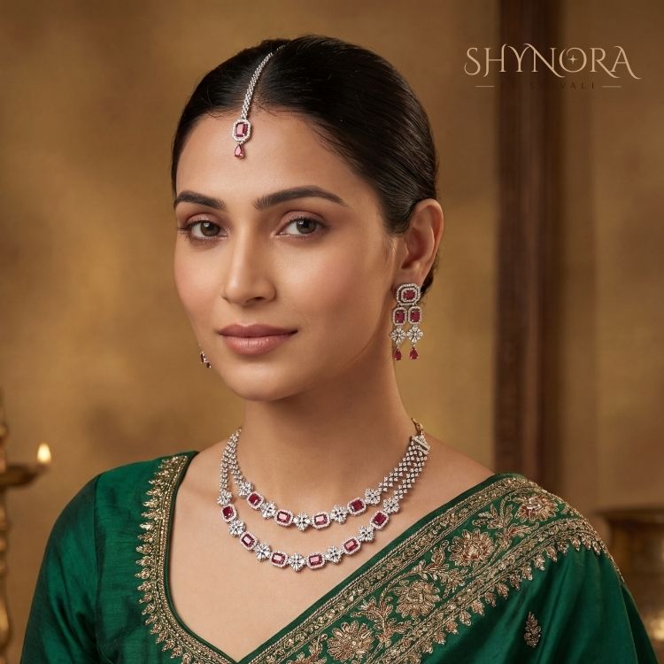 Ruby Blossom Layered Necklace Set with Matching Earrings & Maang Tikka
