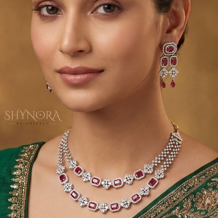 Ruby Blossom Layered Necklace Set with Matching Earrings & Maang Tikka