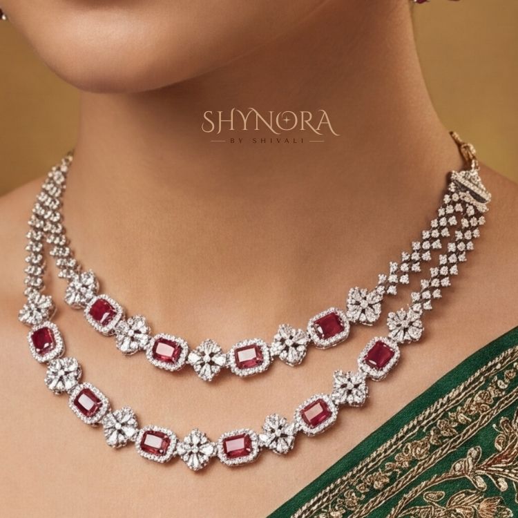 Ruby Blossom Layered Necklace Set with Matching Earrings & Maang Tikka