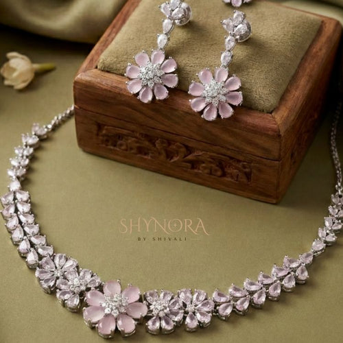 Blush Pink Floral Crystal Necklace Set with Earrings & Maang Tikka