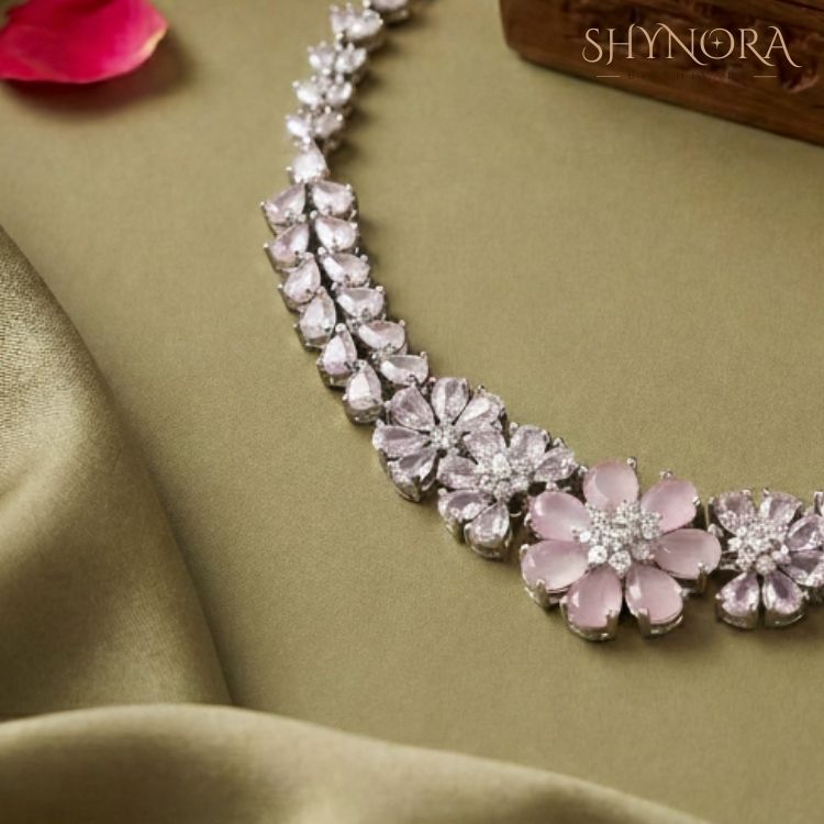 Blush Pink Floral Crystal Necklace Set with Earrings & Maang Tikka