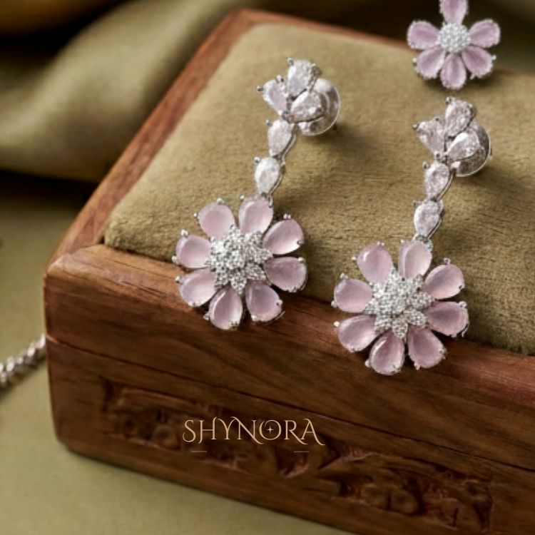 Blush Pink Floral Crystal Necklace Set with Earrings & Maang Tikka