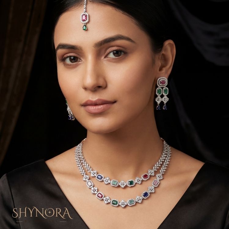 Multicolor Diamond-Style Layered Necklace Set with Maang Tikka