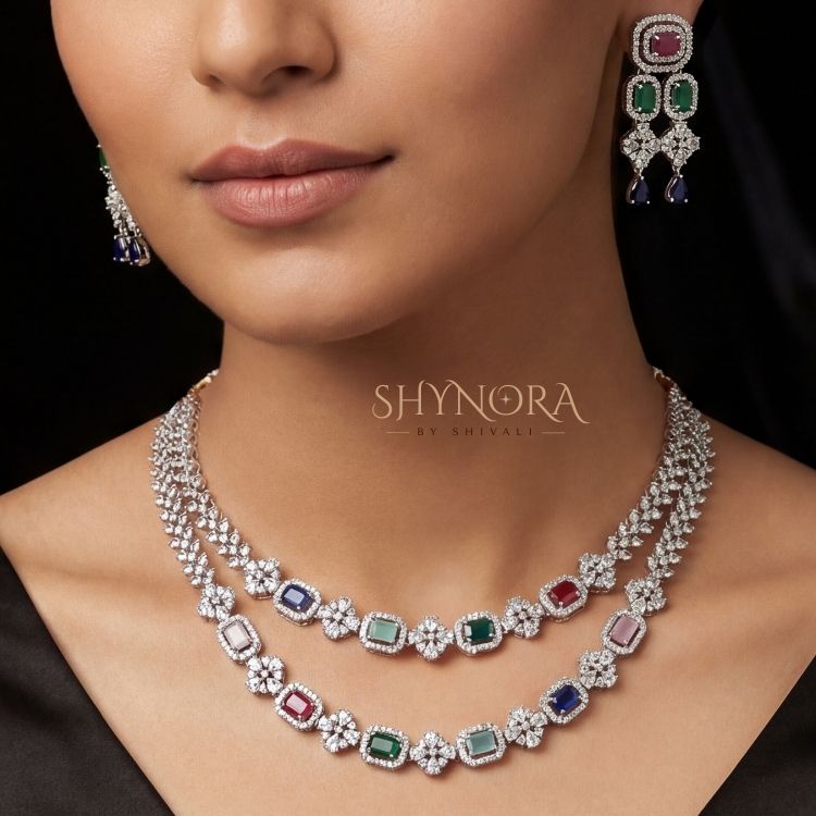 Multicolor Diamond-Style Layered Necklace Set with Maang Tikka