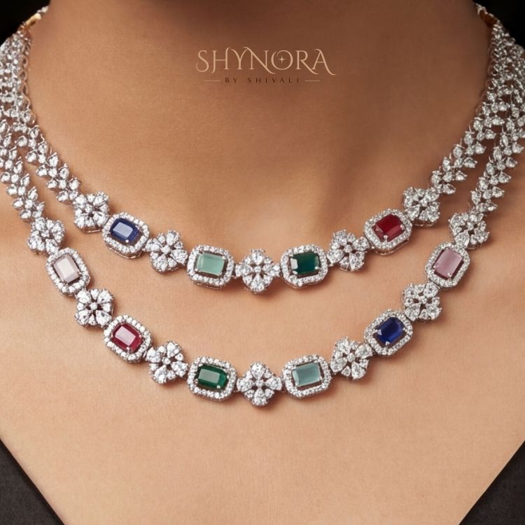 Multicolor Diamond-Style Layered Necklace Set with Maang Tikka