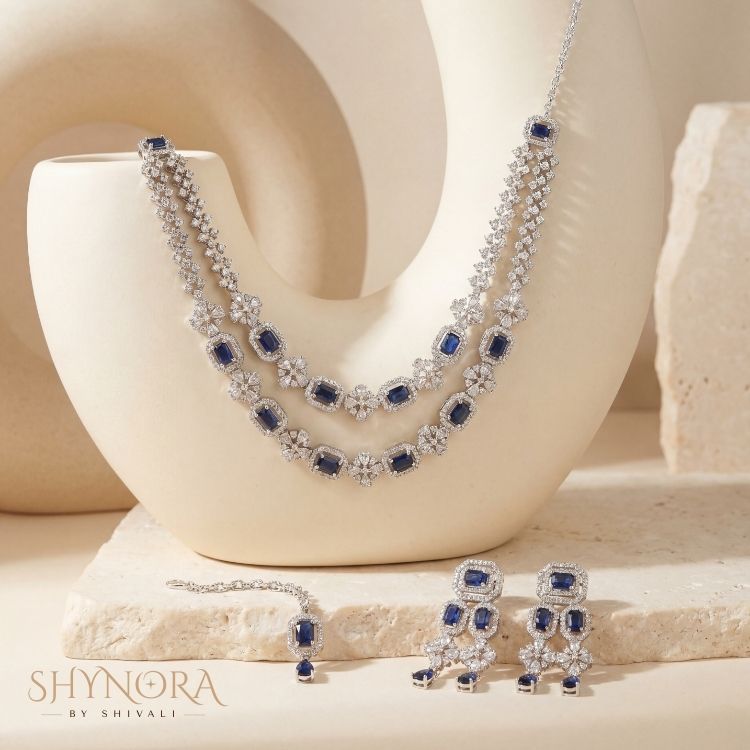 Royal Blue AD Layered Necklace Set with Earrings & Maang Tikka