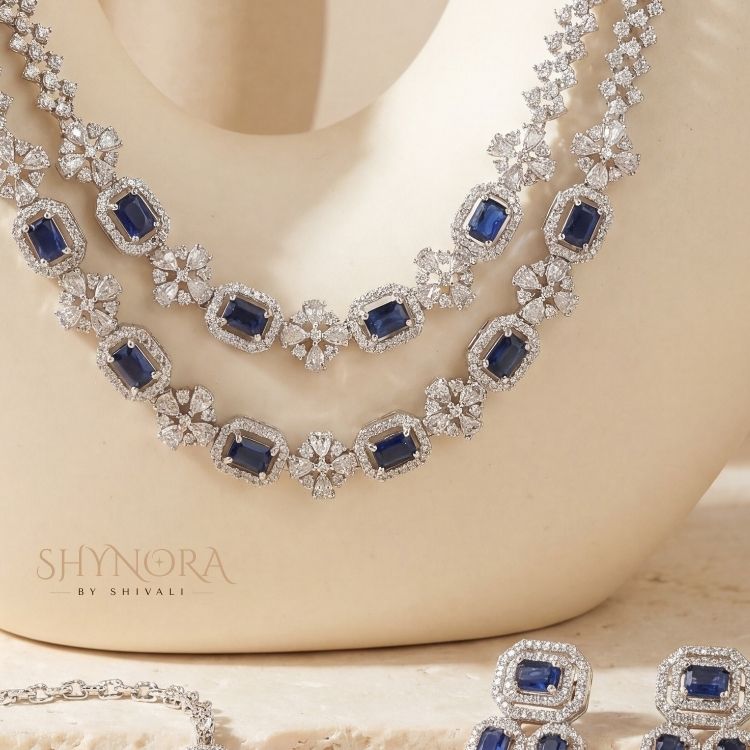 Royal Blue AD Layered Necklace Set with Earrings & Maang Tikka