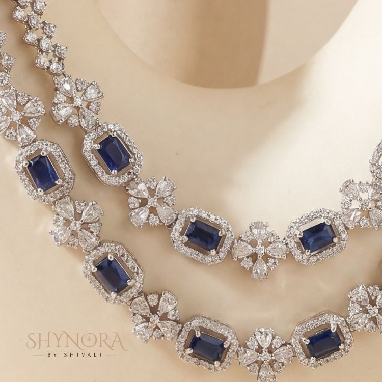 Royal Blue AD Layered Necklace Set with Earrings & Maang Tikka