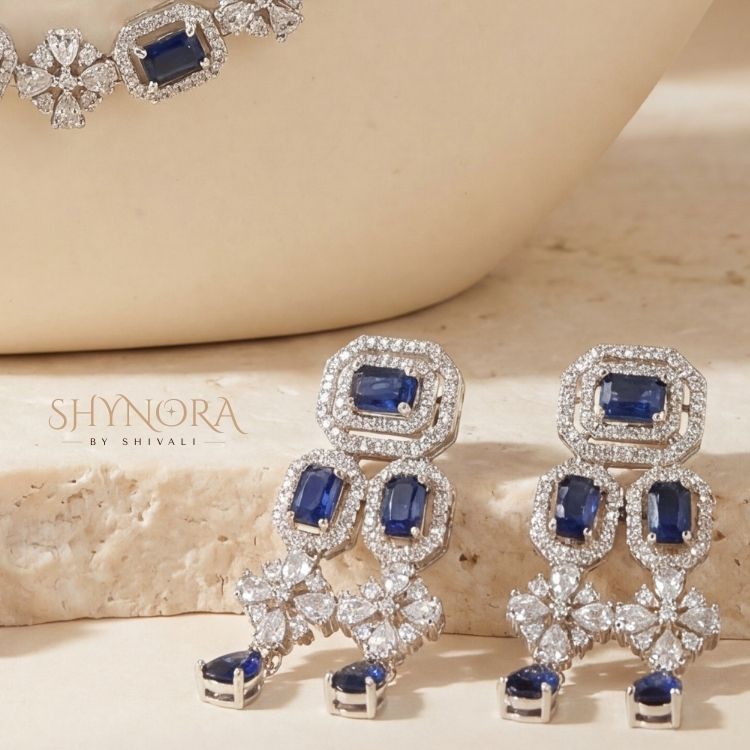 Royal Blue AD Layered Necklace Set with Earrings & Maang Tikka