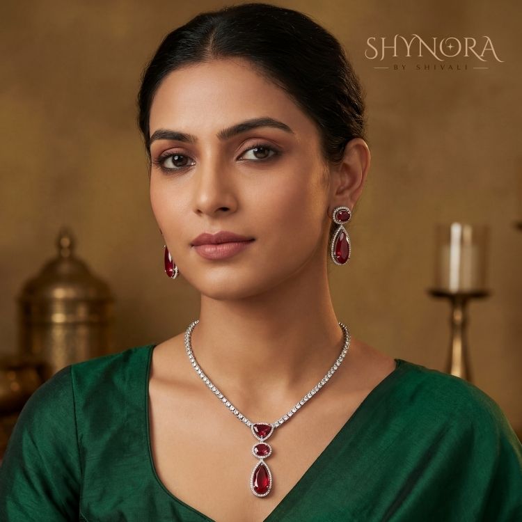 Ruby Elegance AD Pendant Necklace Set with Matching Earrings