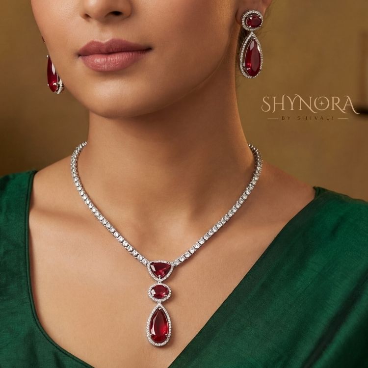 Ruby Elegance AD Pendant Necklace Set with Matching Earrings