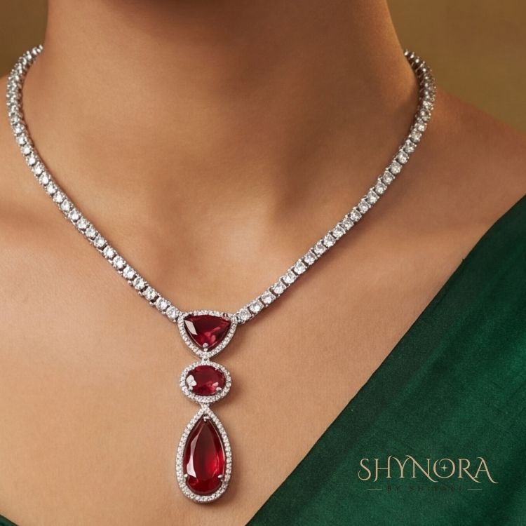 Ruby Elegance AD Pendant Necklace Set with Matching Earrings