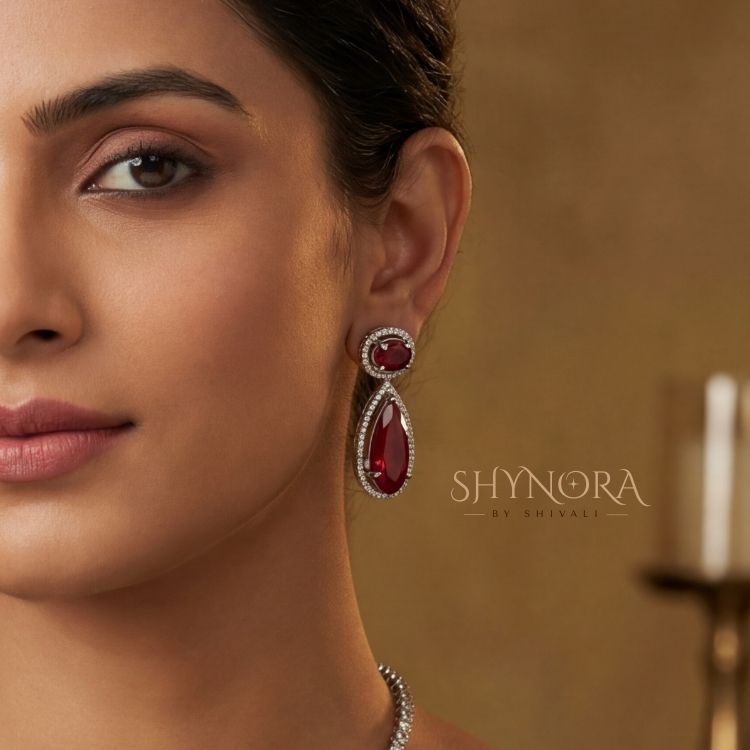 Ruby Elegance AD Pendant Necklace Set with Matching Earrings