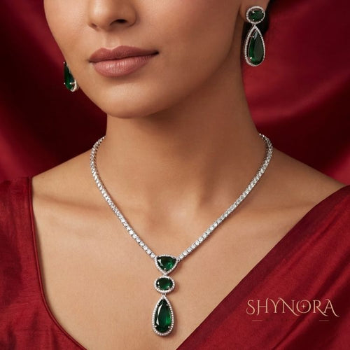 Emerald Grace AD Drop Pendant Necklace Set with Matching Earrings