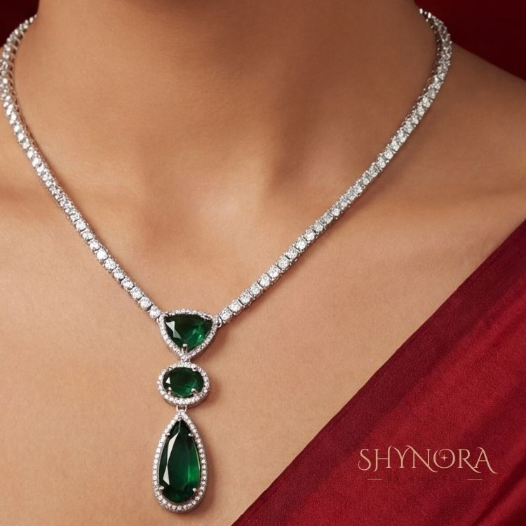 Emerald Grace AD Drop Pendant Necklace Set with Matching Earrings