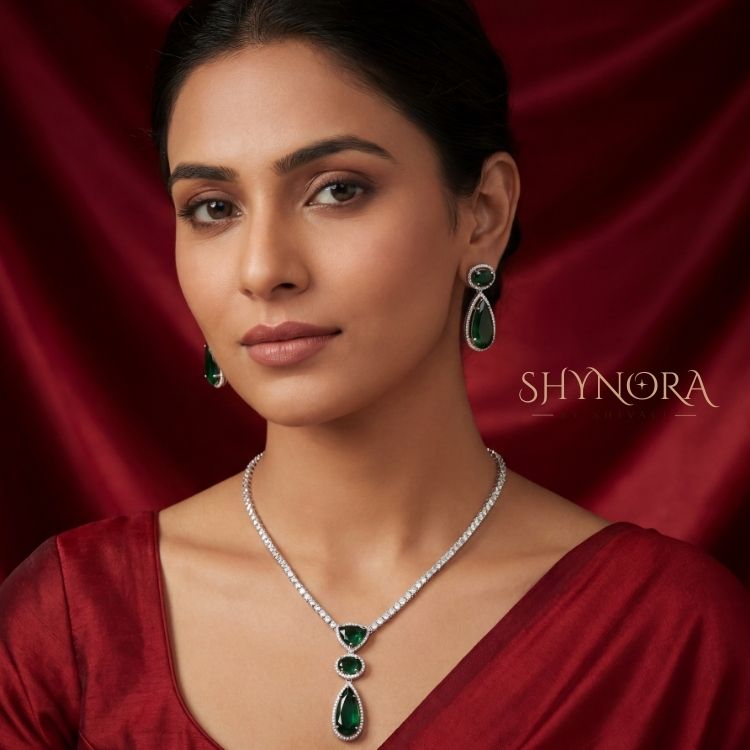 Emerald Grace AD Drop Pendant Necklace Set with Matching Earrings