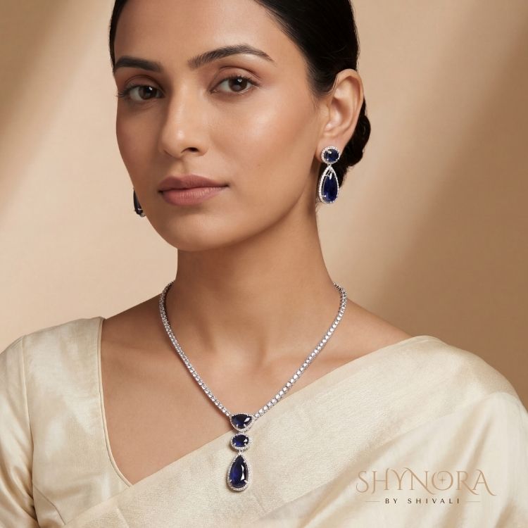 Midnight Sapphire AD Drop Pendant Necklace Set with Earrings