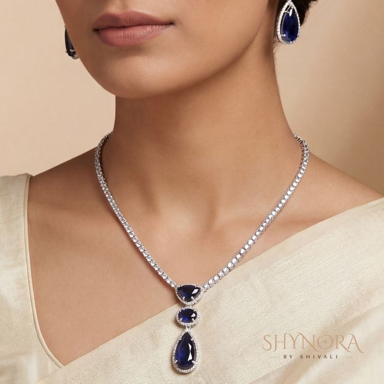 Midnight Sapphire AD Drop Pendant Necklace Set with Earrings