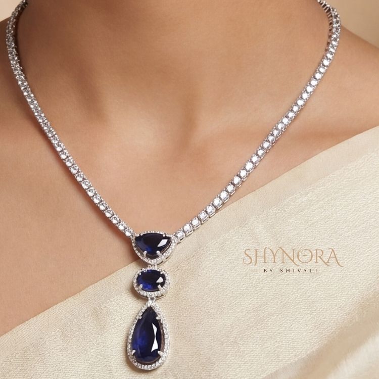 Midnight Sapphire AD Drop Pendant Necklace Set with Earrings