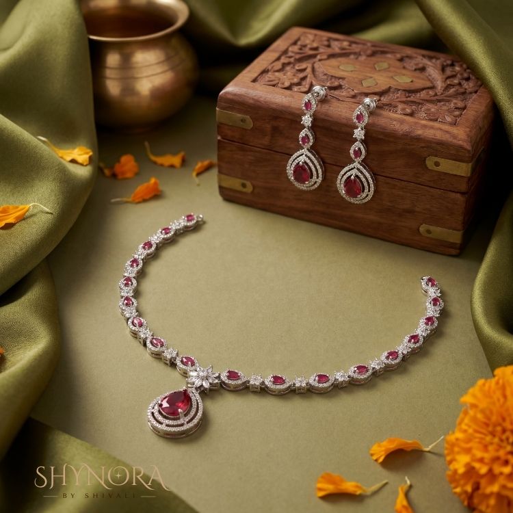 Ruby Blossom AD Pendant Necklace Set with Earrings