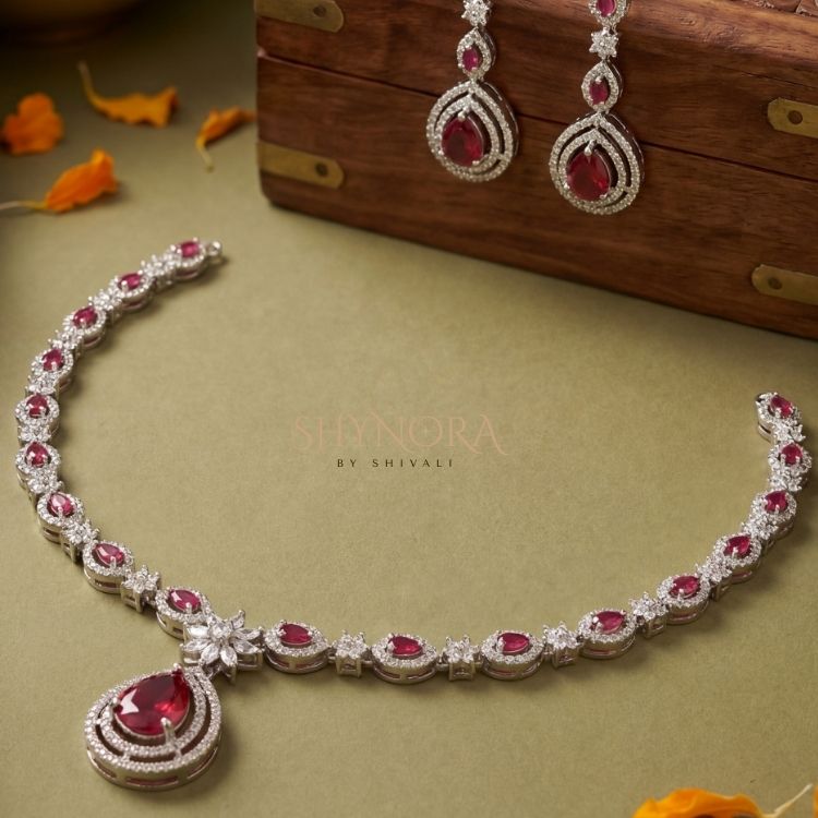 Ruby Blossom AD Pendant Necklace Set with Earrings