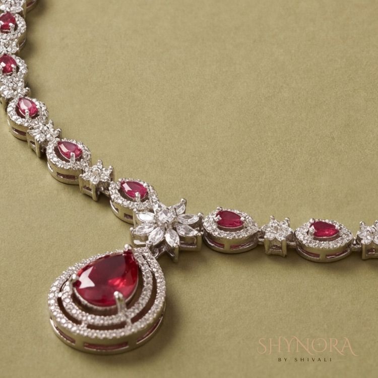 Ruby Blossom AD Pendant Necklace Set with Earrings