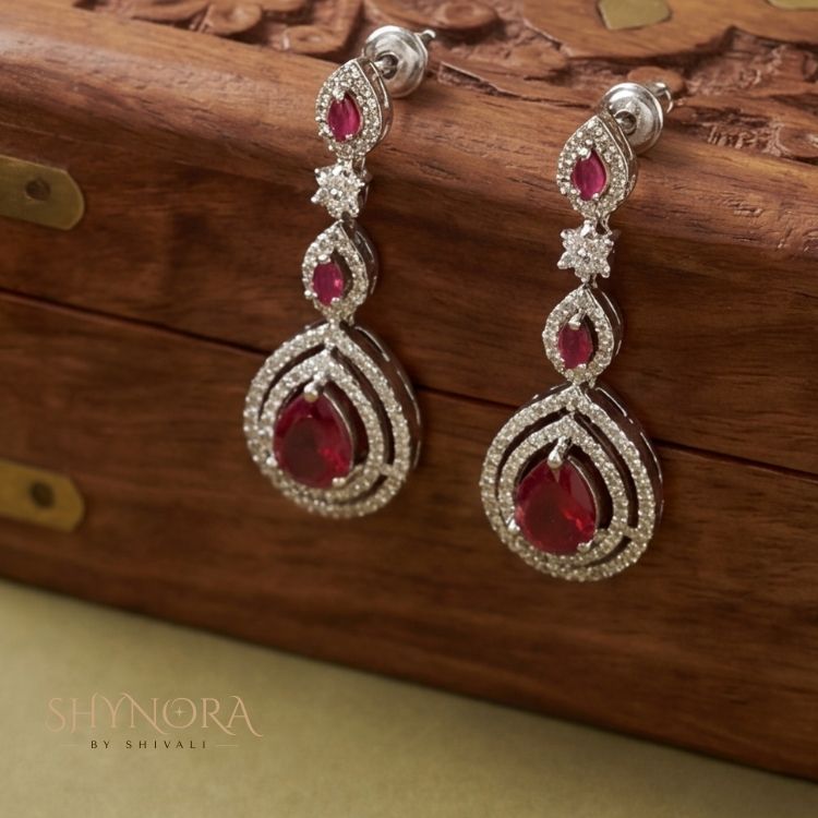 Ruby Blossom AD Pendant Necklace Set with Earrings
