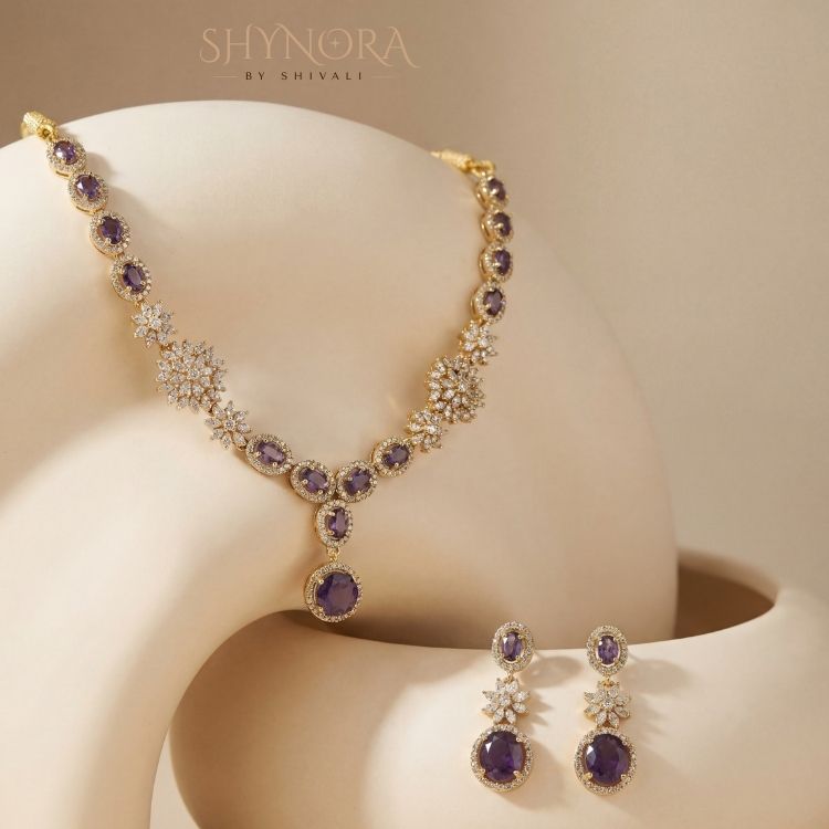 Royal Amethyst Dewdrop AD Floral Necklace Set with Earrings