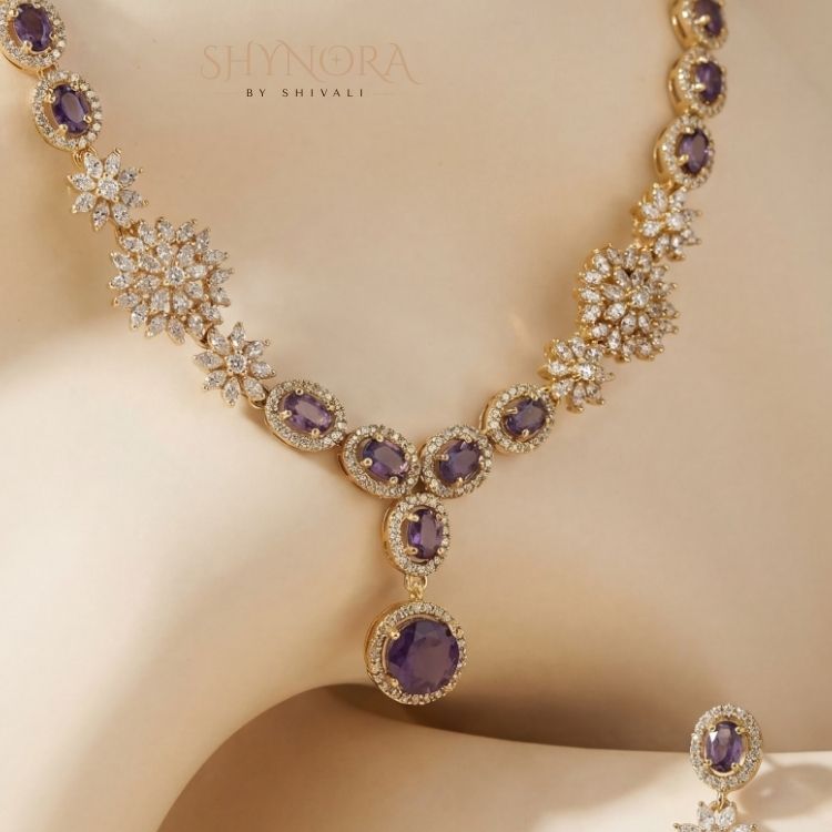 Royal Amethyst Dewdrop AD Floral Necklace Set with Earrings