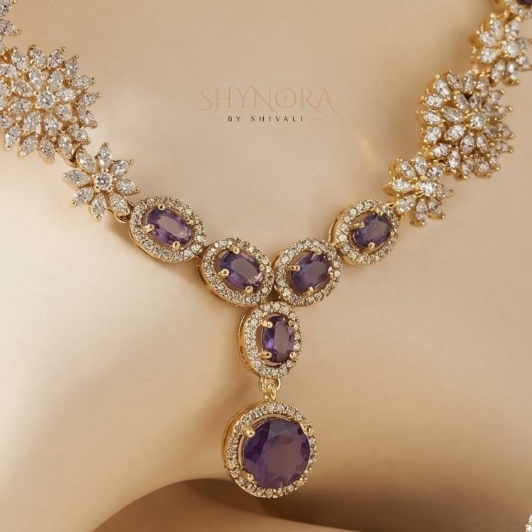 Royal Amethyst Dewdrop AD Floral Necklace Set with Earrings
