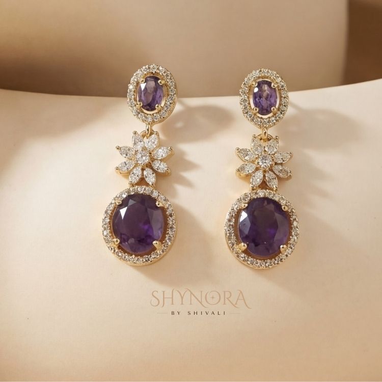 Royal Amethyst Dewdrop AD Floral Necklace Set with Earrings