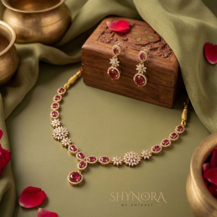 Royal Ruby Red Bloom Gold-Tone AD Necklace Set with Earrings