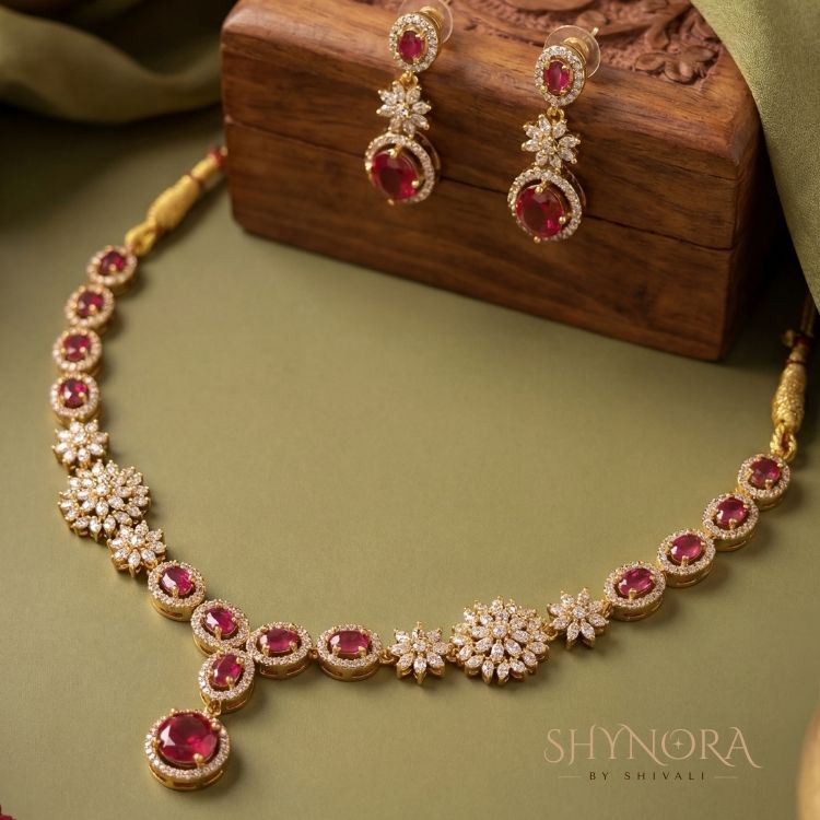Royal Ruby Red Bloom Gold-Tone AD Necklace Set with Earrings