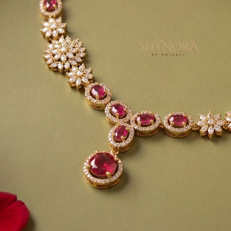 Royal Ruby Red Bloom Gold-Tone AD Necklace Set with Earrings