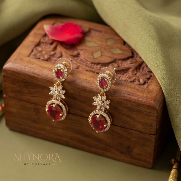 Royal Ruby Red Bloom Gold-Tone AD Necklace Set with Earrings