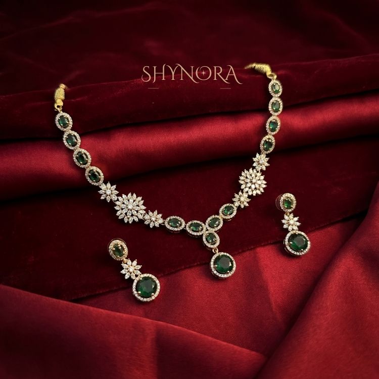 Emerald Glow Floral Gold-Tone AD Necklace Set with Earrings