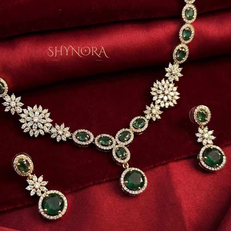 Emerald Glow Floral Gold-Tone AD Necklace Set with Earrings