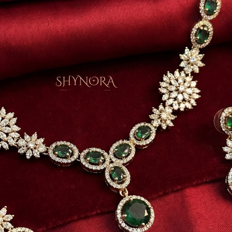 Emerald Glow Floral Gold-Tone AD Necklace Set with Earrings
