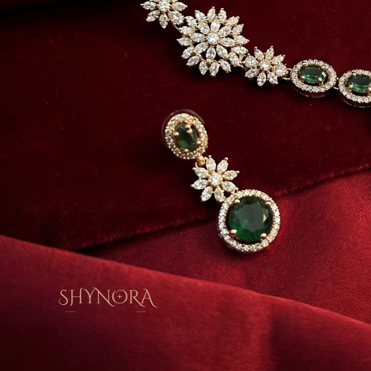 Emerald Glow Floral Gold-Tone AD Necklace Set with Earrings