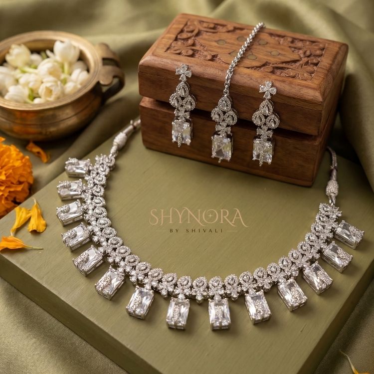 Classic White Crystal Chandelier Necklace Set with Earrings & Maang Tikka