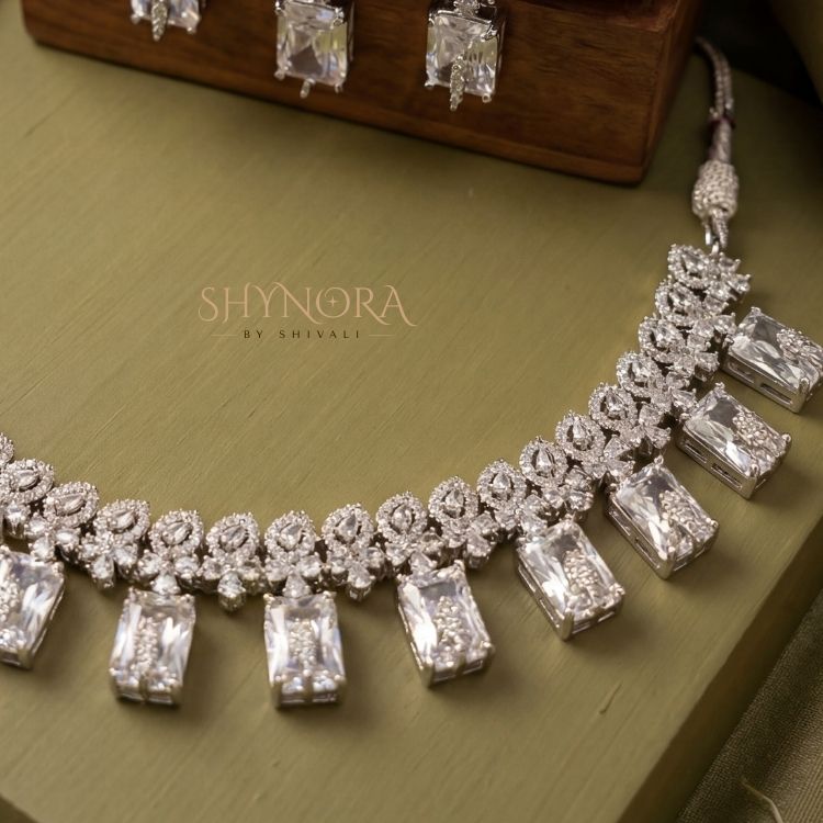 Classic White Crystal Chandelier Necklace Set with Earrings & Maang Tikka
