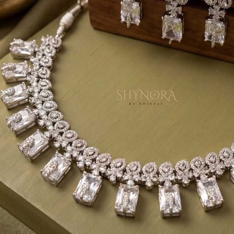 Classic White Crystal Chandelier Necklace Set with Earrings & Maang Tikka