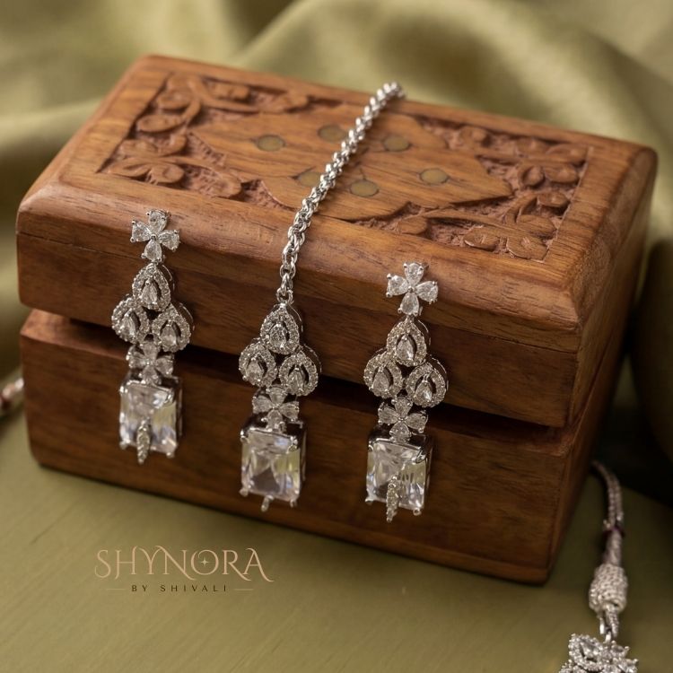 Classic White Crystal Chandelier Necklace Set with Earrings & Maang Tikka